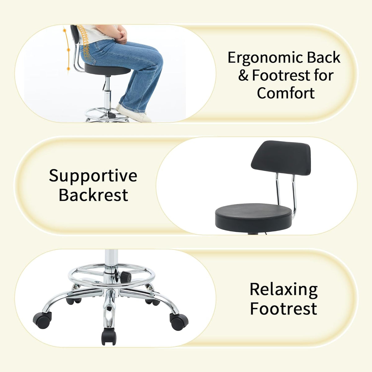 Rolling Stool with Back,Adjustable Height Foot Rest Rolling Salon Chair 19.5’’-26.6’’,Black Ergonomic Stool (Black)