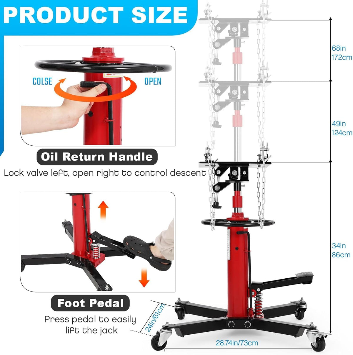 Transmission Jack, 1322LBS (3/5 Ton), Hydraulic Telescoping Transmission Jack, 32"-67" Transmission Jack Stand with Foot Pedal & 360° Swivel Wheels for Garage and Car Lifting,