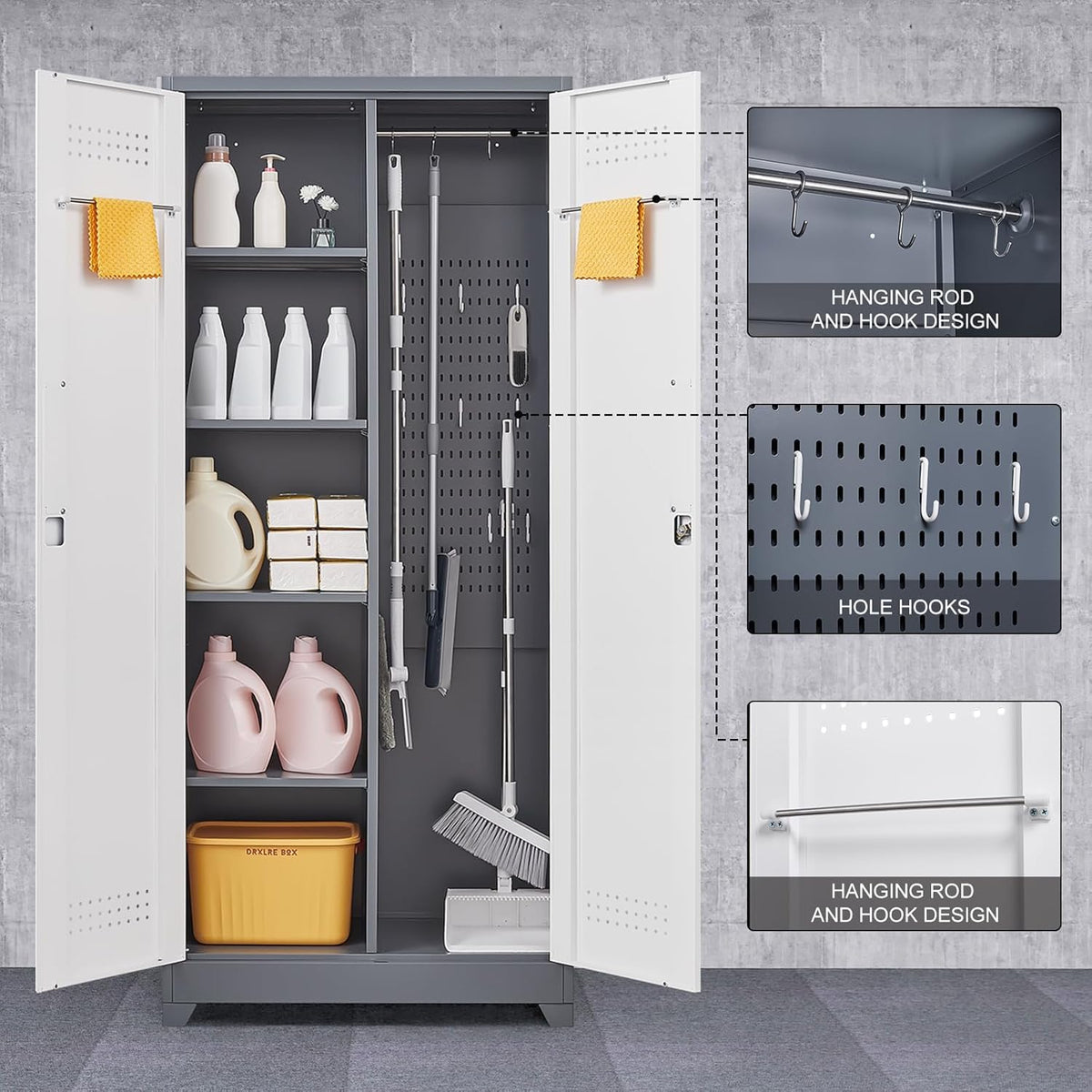 GREATMEET 72.8" Broom Storage Cabinet, Utility Cabinets for Brooms and Mops, Metal Storage Cabinets for Cleaning Supplies, Utility Closet for Garage, Grey&White