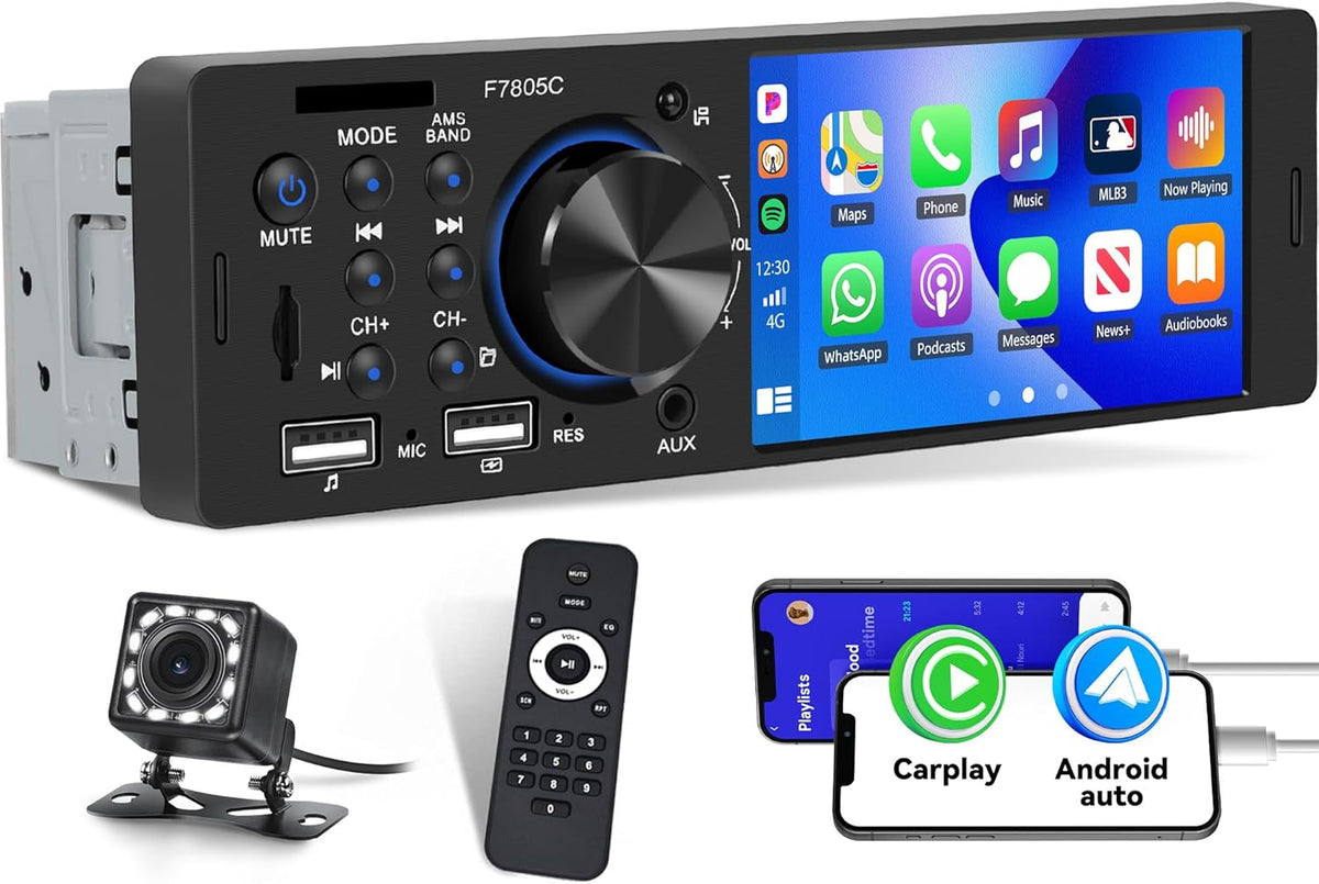 Single Din Touch Screen Car Radio with CarPlay Android Auto 4 Inch Bluetooth Car Stereo Receiver Hands-Free Calling Audio FM 2 USB AUX SD Card Input, Mirror Link MP5 Player SWC + Backup Camera