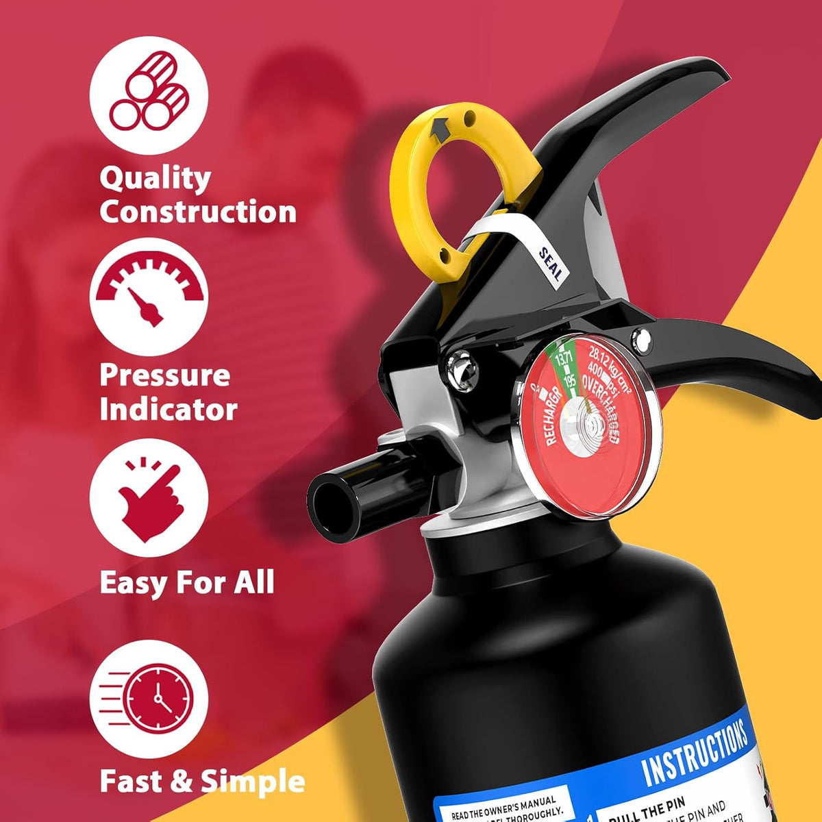 ABC Dry Powder Fire Extinguisher, 2.5 lb – 1-A:10-B:C Rated, Fire Extinguisher for Home, Kitchen, Office & Vehicle, Fire Extinguisher with Easy-Grip Handle & Quick Release, Model FF1KG,Black