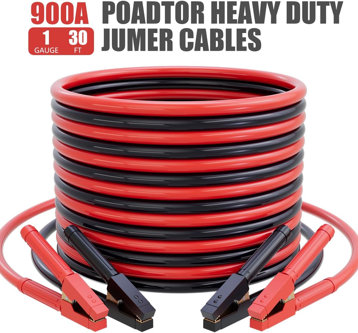 Heavy Duty Jumper Cables 1 Gauge 30FT 900A, Automotive Booster Cables for 12V/24V Car, SUV &Truck Battery with Professional Clamps and Carrying Bag, Suitable for gasoline and diesel engines