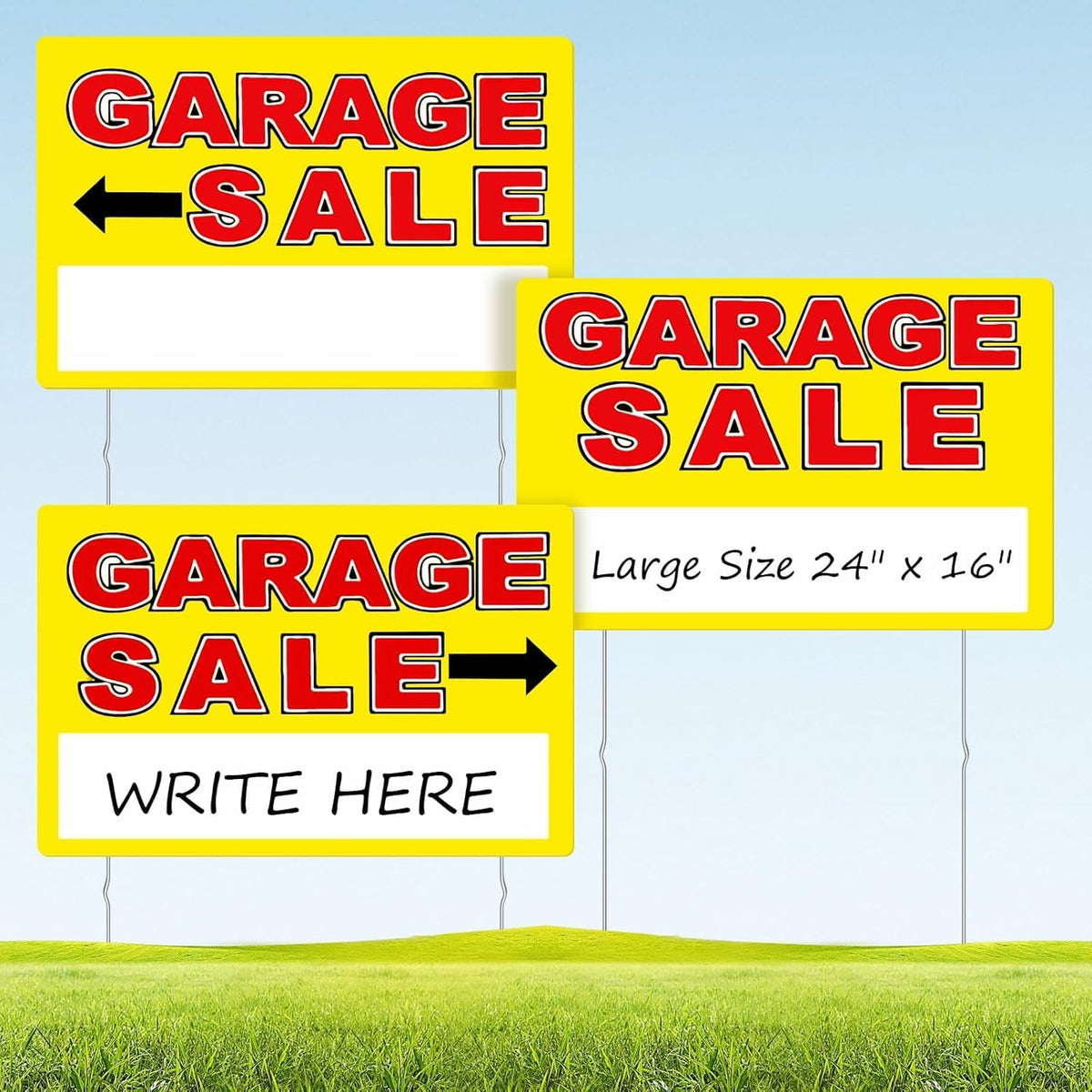 Garage Sale Sign, Large Size 24" x 16" Garage Sale Signs with Stakes, 3PCS Double-Sided Large for Sale Sign with Directional Arrow, Corrugated Plastic Weatherproof Suitable for Yard Sale