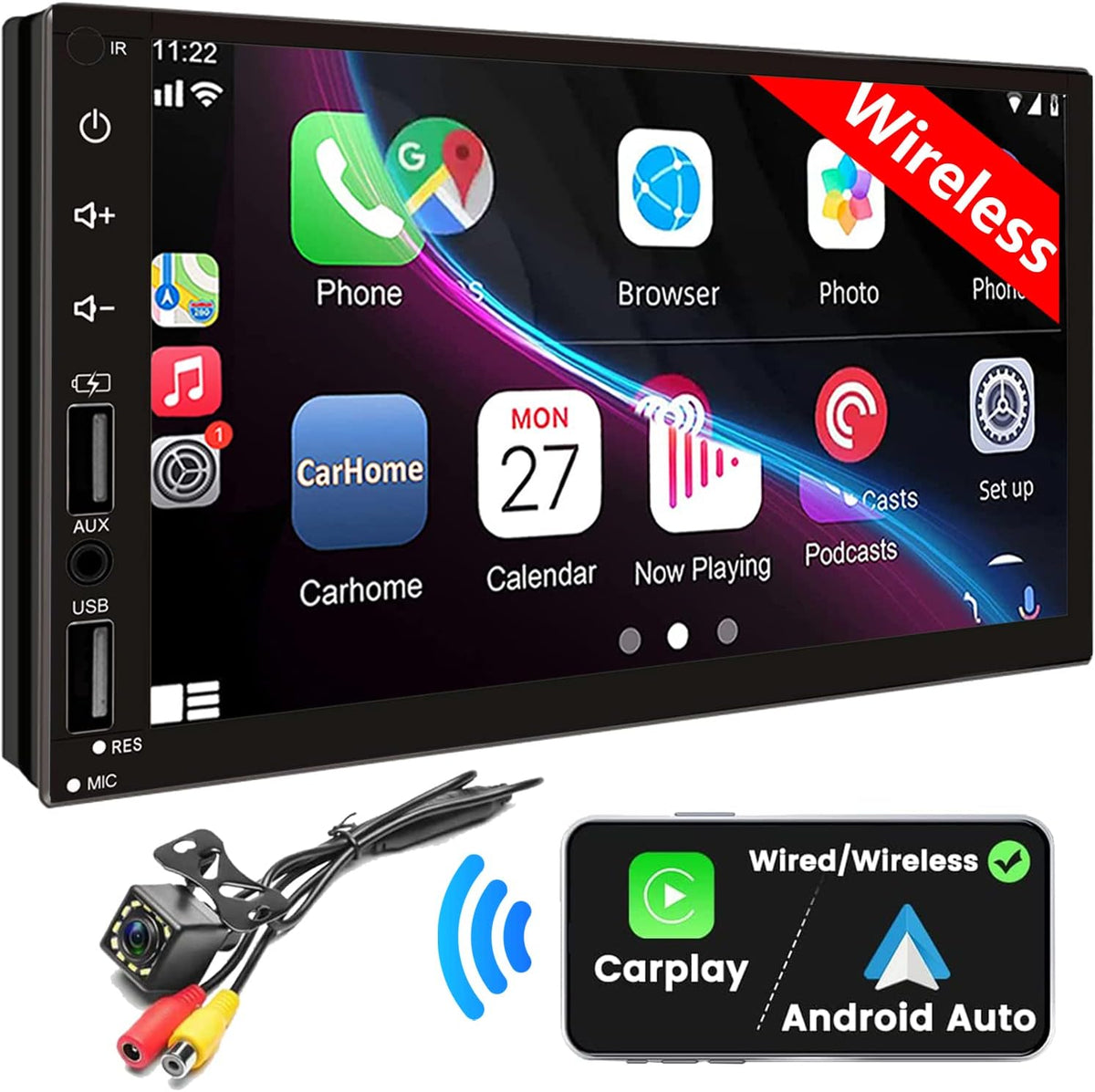 Double Din Car Stereo with Wireless Apple CarPlay & Android Auto, 7inch Touchscreen Car Audio Receiver, Wireless Car Radio with Bluetooth, Backup Camera/Mirrorlink/FM/SWC/Subwoofer/2 USB/AUX Input