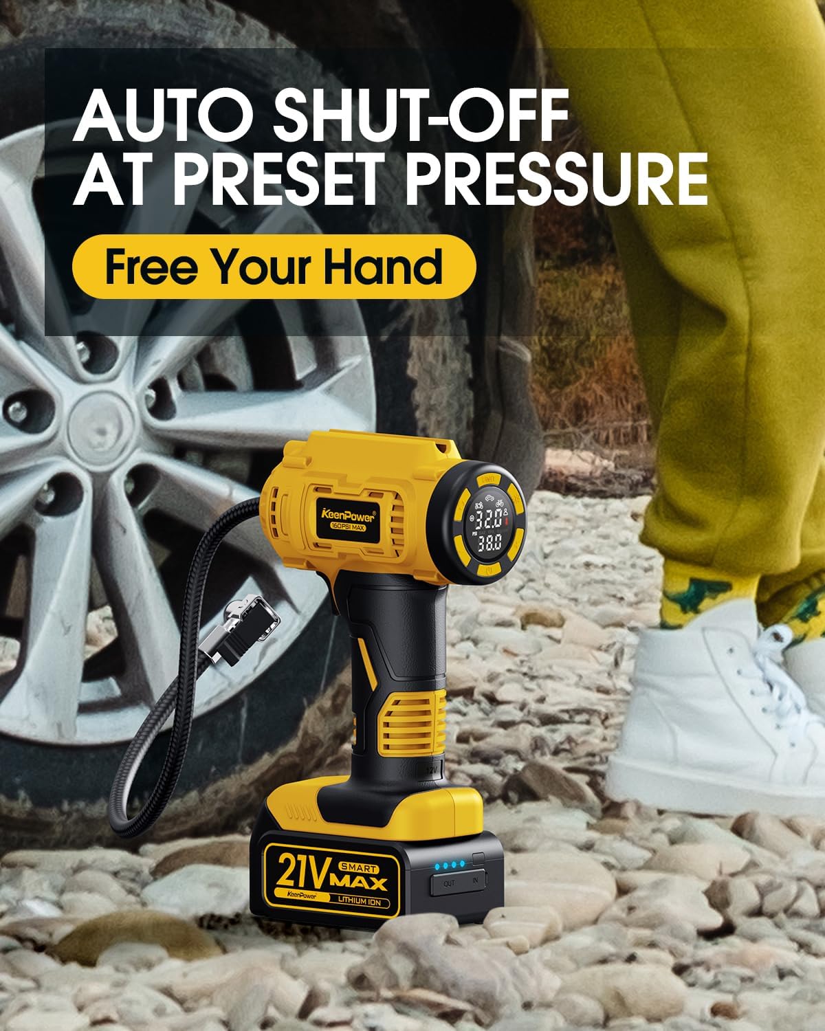 Cordless Tire Inflator Portable Air Compressor, 160PSI Car Tire Air Pump, 21V Rechargeable Battery Powered Air Compressor, Dual Power, Larger HD Digital Gauge w/4+N Smart Modes (Yellow)