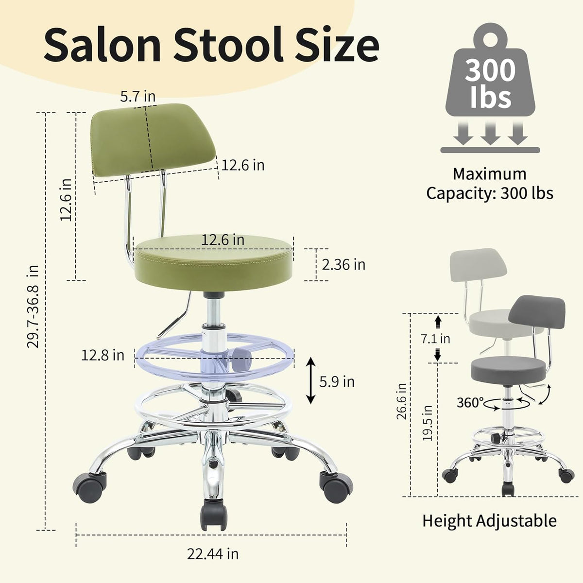Height Adjustable Stool 19.5’’-26.6’’, Rolling Chair with Back and Footrest, Green Esthetician Stool Ergonomic (Green)