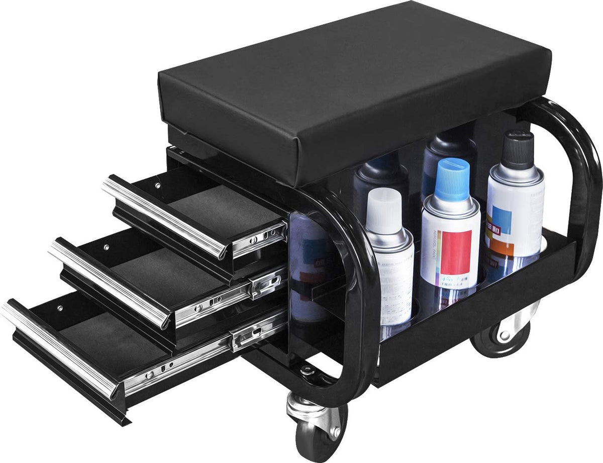 Torin APD2016AB Rolling Tool Chest/Tool Box with 3 Drawers and Wheels, Padded Mechanic Stool Creeper Seat, Black