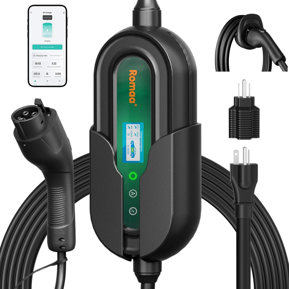 Level 1&2 Portable EV Charger (APP Control & Timer), Adjustable 8-16A 110V-240V, Dual Plugs: NEMA 6-20 & 5-15, 25FT Charging Cable w/ J1772 Connector, ETL/FCC Certified for All EVs/PHEVs