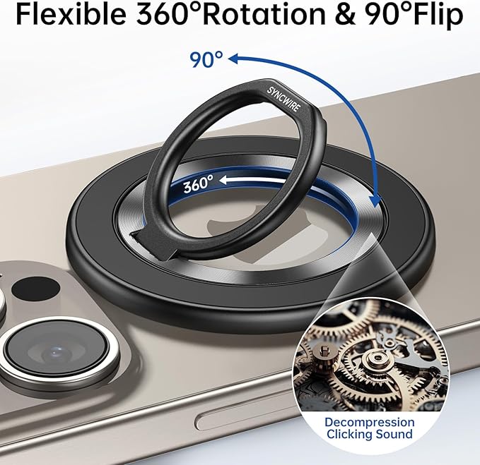 SYNCWIRE Magnetic Phone Ring Holder for MagSafe, 360° Rotation Cell Phone Grip Stand Finger Ring Kickstand Two-Sided Magnet Compatible with iPhone 17 Pro Max 16 15 14 13 12 MagSafe Accessories