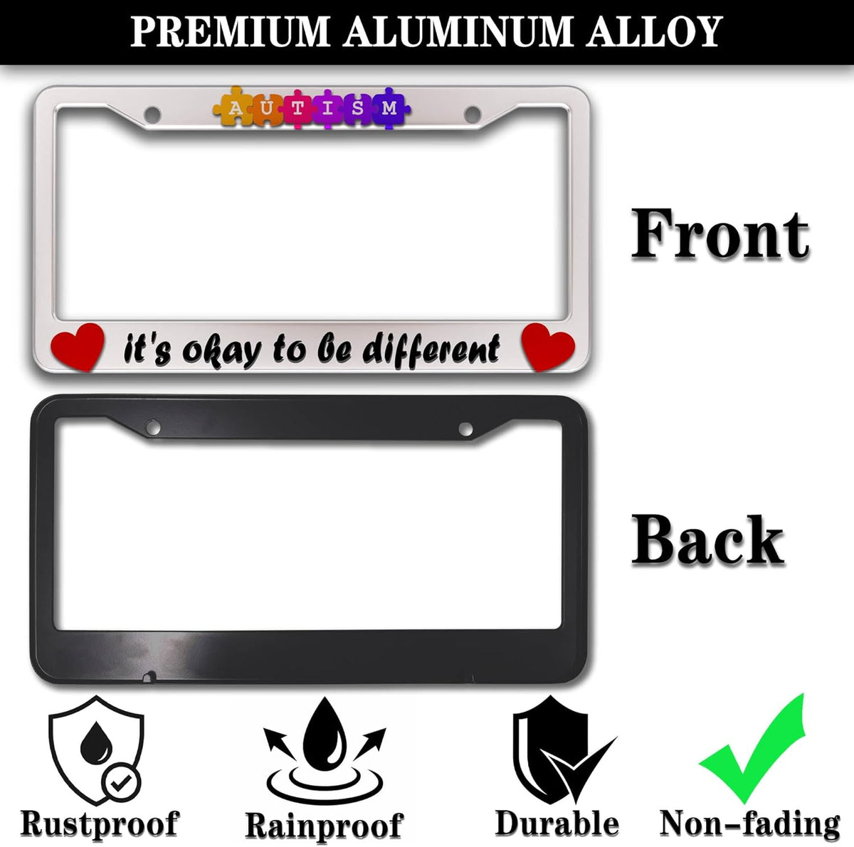 Automotive Exterior Accessories Multicolor License Plate Frames Autism It’s Okay to Be Different Aluminum Metal Car Accessory 2 Pack with Screw Covers Set