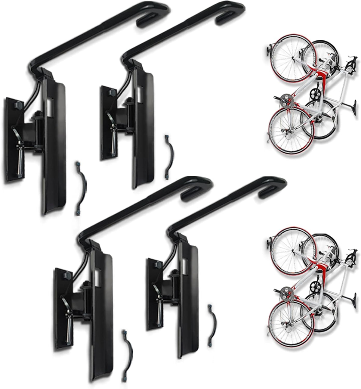 Swivel Bike Wall Mount- 4 Pack Garage Wall Mount Hangers, Space-Saving Swivel Design for Bikes, load capacity up to 66 lbs for garage or indoor storage and organization