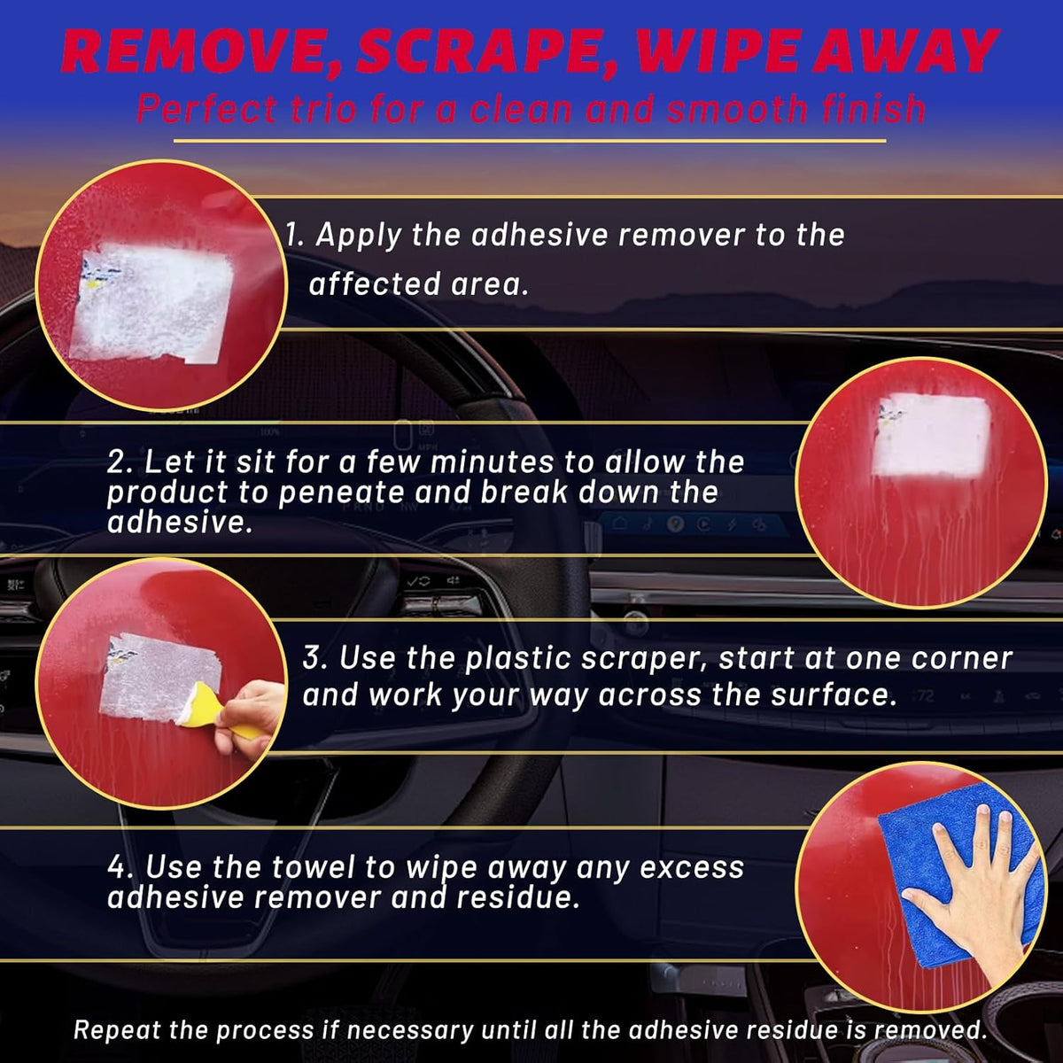 Adhesive Remover, Dissolve & Soften Adhesives on Car Glass & Paint, Easily Remove Glue Sticker Labels Decals Tape Residue, Portable Spray Removal Set with Scraper, Spatula, Towel -3.4oz/100ml