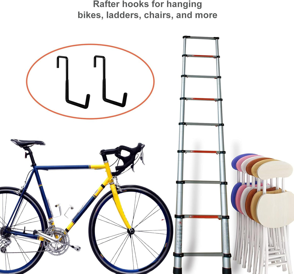 4 Pcs Rafter Hooks, Upgraded Fence Hangers, Heavy Duty Bike Hanger for Garage, Ladder Hook, Black Large S Hooks for Hanging Hose, Plants, Chairs, Bikes, Ladders, Cords and More