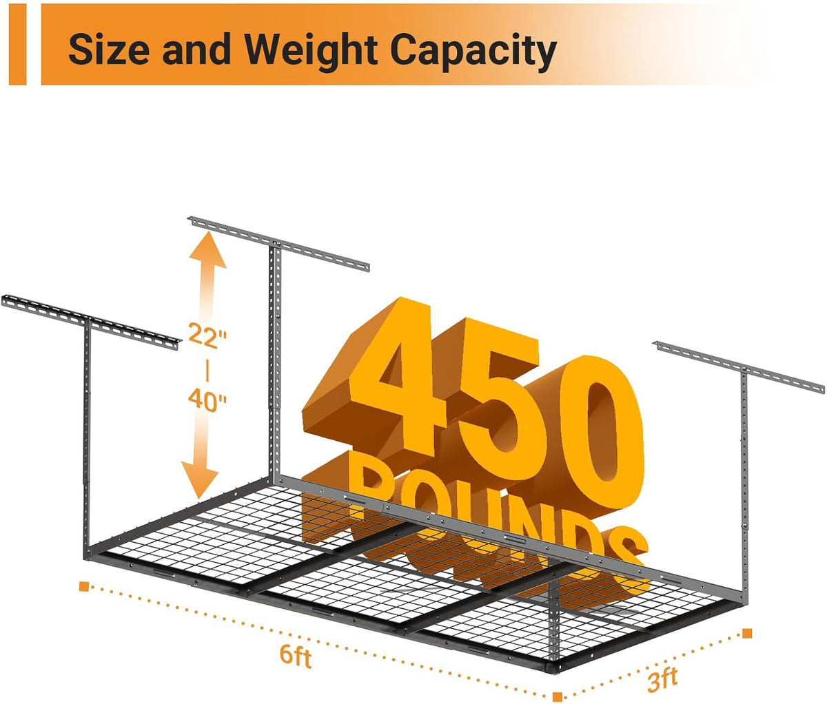 3x6ft Overhead Garage Storage Rack, Heavy Duty Metal Ceiling Shelf, 22'' to 40" Adjustable Dropdown, 450lbs Loading Weight Capacity, Black