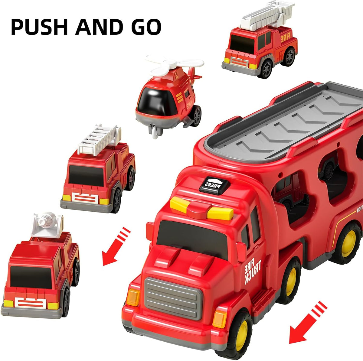 TEMI Fire Toys for 3 4 5 6 Years Old Boys Girls - 5 in 1 Carrier Truck Transport for Toddlers 1-3, Friction Powered Vehicles for Kids 3-5, Christmas Birthday Gifts - Age 3-9