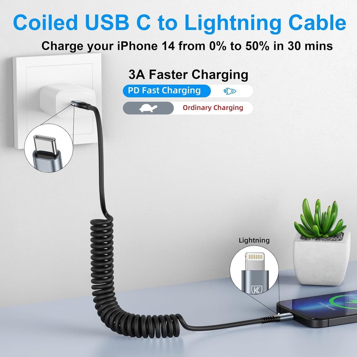 USB C to Lightning Cable 3FT 2Pack, Coiled iPhone Charger Fast Charging for Car [Apple MFi Certified] Short USBC iPhone Cord Compatible with iPhone14/13/12/11 Pro Max/XS MAX/8/Plus/iPad/CarPlay