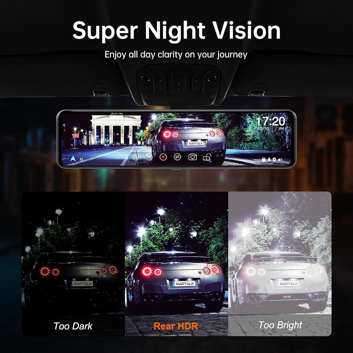 12" 4K UHD Mirror Dash Cam Front and Rear with Zoom Backup Camera, 2160P Dual Rear View Mirror Camera for Cars & Trucks, 64GB Card Included, GPS, WDR, Super Night Vision, Parking Assist & G-Sensor