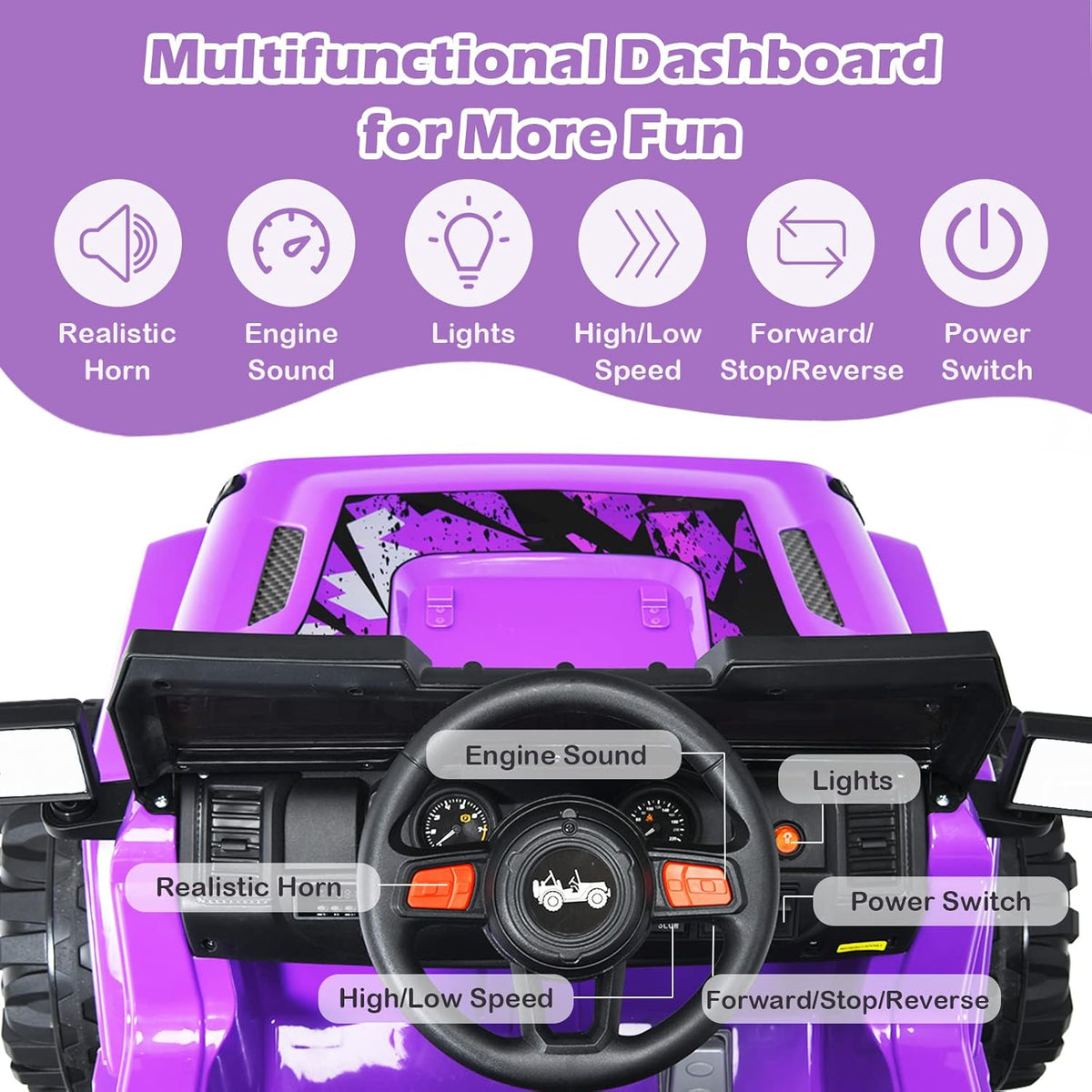 INFANS Kids Ride on Car Truck with 2.4G Remote Control, 12V Battery Powered Electric Cars for Kids w/3 Speeds, Battery Display, LED Lights, Safety Belt, Music & Horn, Bluetooth/FM/USB (Purple)