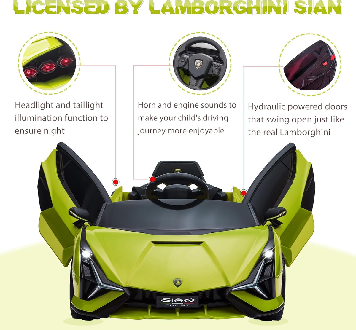 TOBBI Electric Ride On Car Toy for Kids to Drive, 12V Battery Powered Licensed Lamborghini SIAN with Parent Remote Control for Toddlers 3-6 Years w/Functions Spring Suspension/Horn/LED Lights-Green