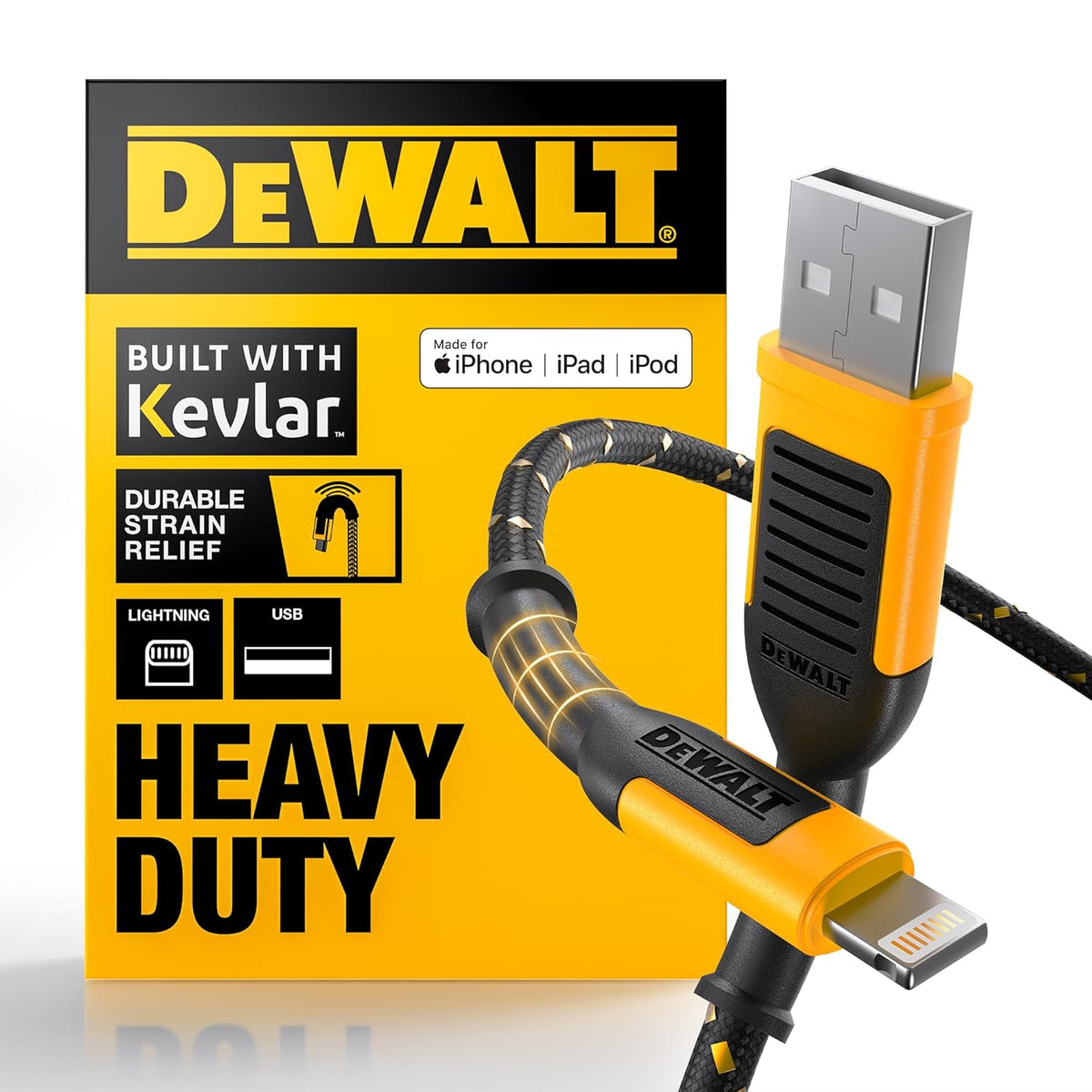 DEWALT Heavy Duty USB A to Lightning Cable [Apple MFi Certified] Durable iPhone Charger, Lightning Cables, Fast Charging iPhone Charger Cord Compatible w/iPhones 14/13/12/11 Pro Max iPad AirPods, 6FT