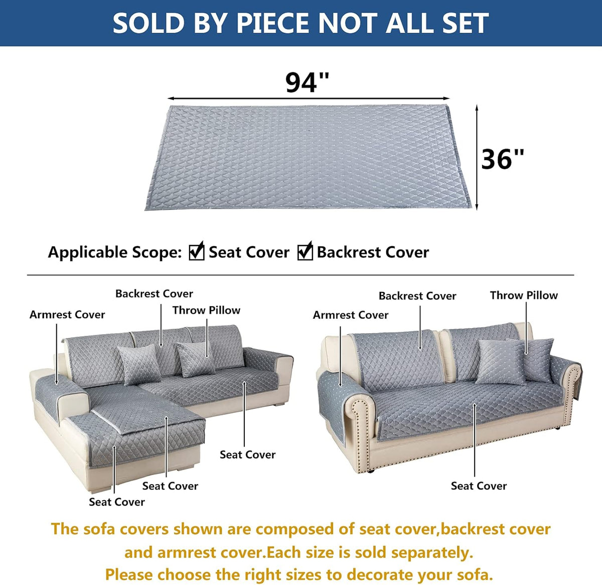 Eismodra Couch Cover,Sectional Couch Covers,Sofa Covers for 3 Cushion Couch,Anti-Slip Sofa Slipcovers for Dogs Cats Kids Loveseat Recliner L Shaped Armrest Backrest,Light Gray 36''x94''(Only 1 Piece)