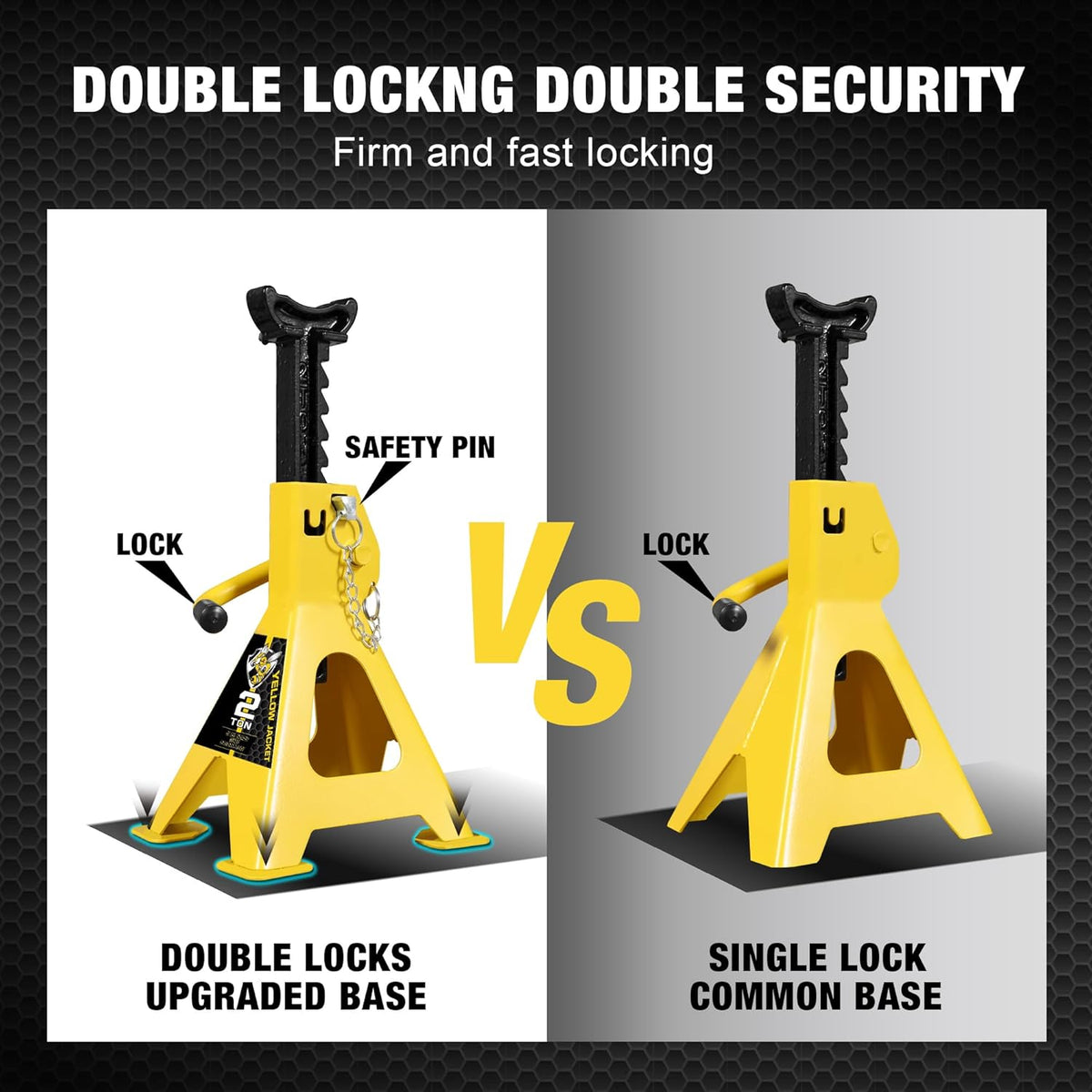 YELLOW JACKET 2 Ton Jack Stands with Double Locking and Large Foot Base for Lifting Car, Heavy Duty Steel, 4,400 lb Capacity, Yellow, 1 Pair