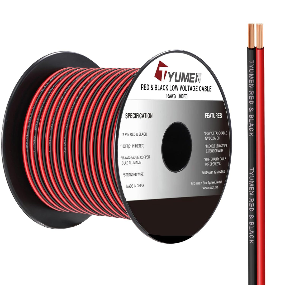 16 Gauge Wire 100FT, 16/2 AWG Red Black Hookup Electrical Wire LED Strips Extension Cord 12V/24V DC Cable, 16AWG 2 Conductors Flexible Wire for in-Home, Autos, Schools use