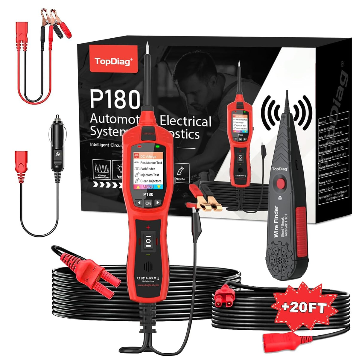 Circuit Breaker Finder Tool, Battery Tester, AC DC Voltage Tester, Fuel Injector Tester, 9V-30V Automotive Circuit Tester with 40FT Cable, P180
