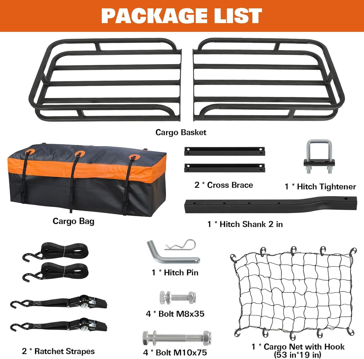 WEIZE Hitch Cargo Carrier Basket for SUV, Truck - 53x19 Inches, 500LB Capacity, with Waterproof Bag, Net Strap, Tightener, Powder Coated for Durability, Easy Installation, for Camping and Travel