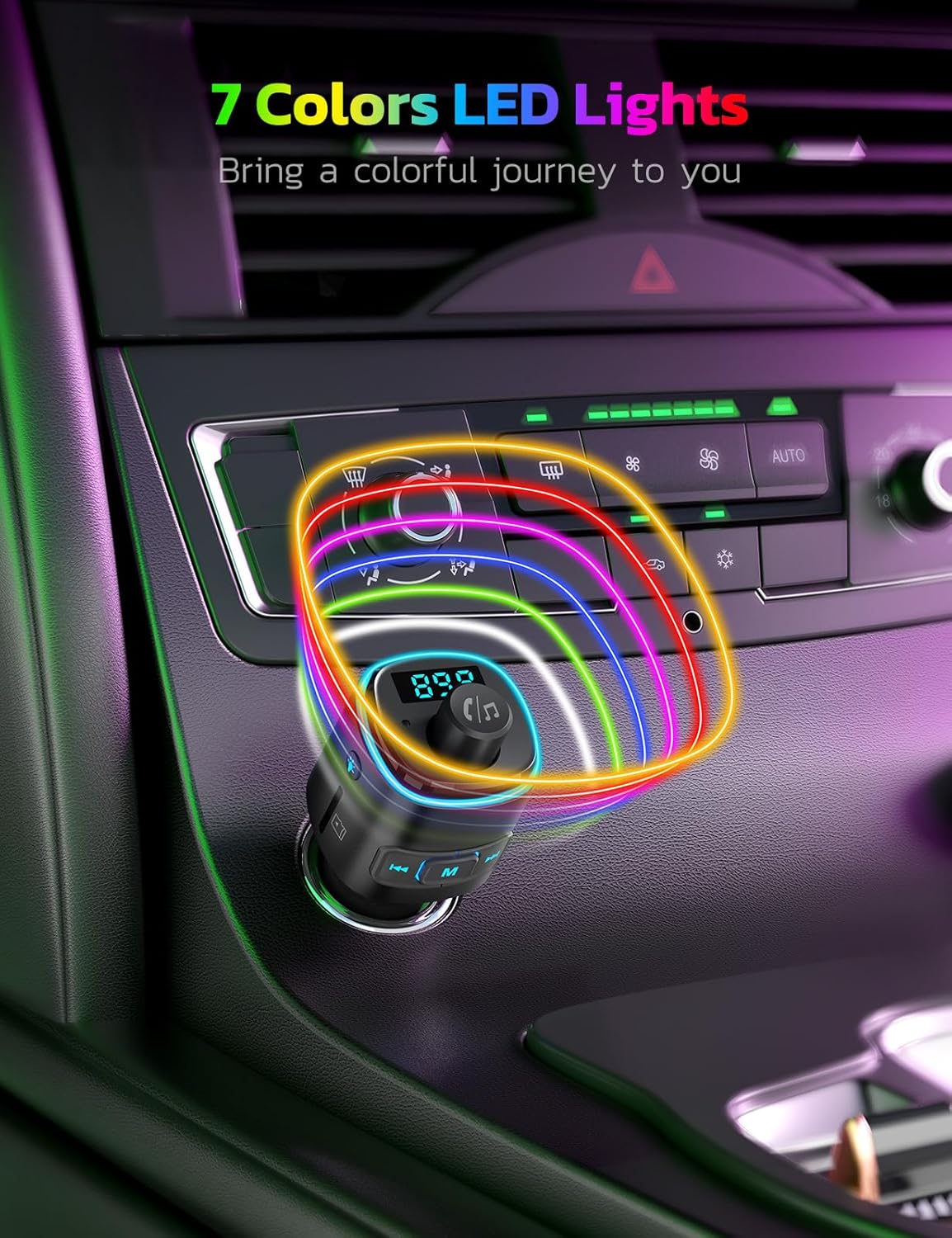Nulaxy Bluetooth FM Transmitter, QC3.0 Fast Charge Bluetooth Car Adapter, Wireless Radio Car Kit with 7 Color LED Backlit, USB Flash Drive, microSD Card, Glossy Black