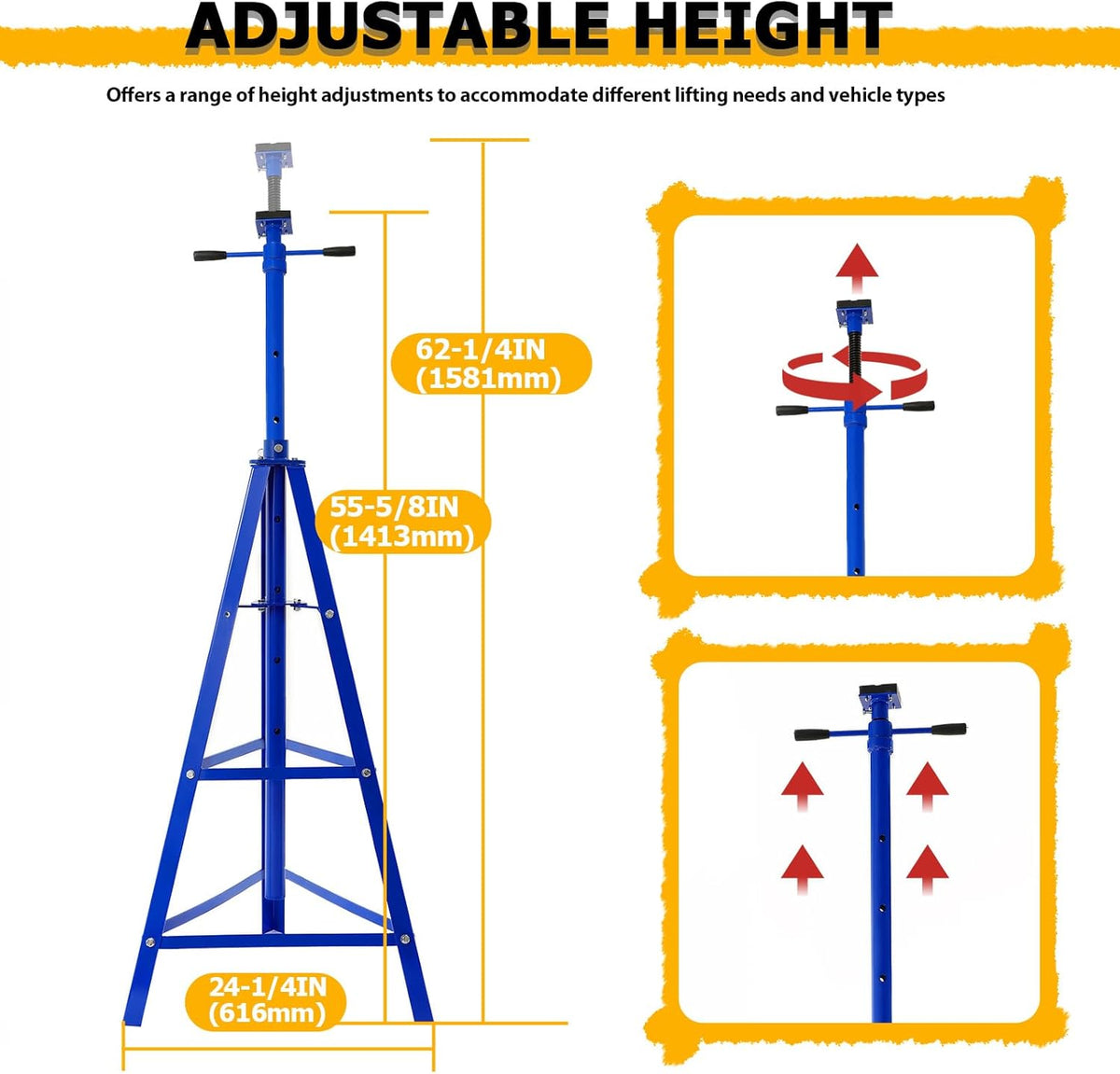 KUAFU Adjustable Under Hoist Tripod Stand, 4500 LBS Load Capacity, 2 Ton High Lift Jack Stand Reach Under Hoist Stand for Repair Shops, Garages and DIY, 55.63"-62.25" Steel Powder Coated Blue