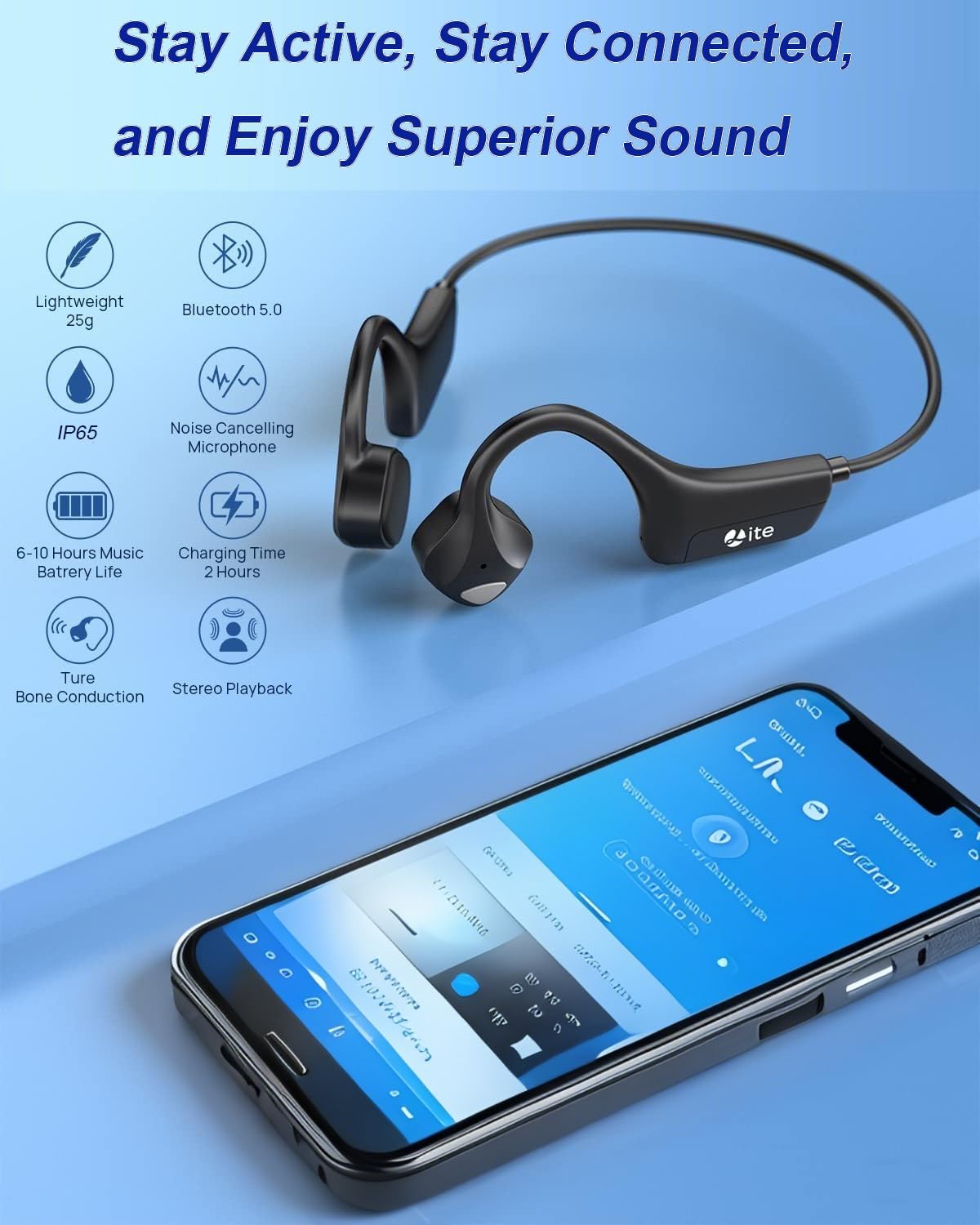 Bone Conduction Headphones Open-Ear Bluetooth 5.0, IP65 Waterproof Wireless Sport Headset with 8H Playtime, Secure Fit for Running/Cycling/Gym, HD Audio w/Mic (2025 Upgraded)