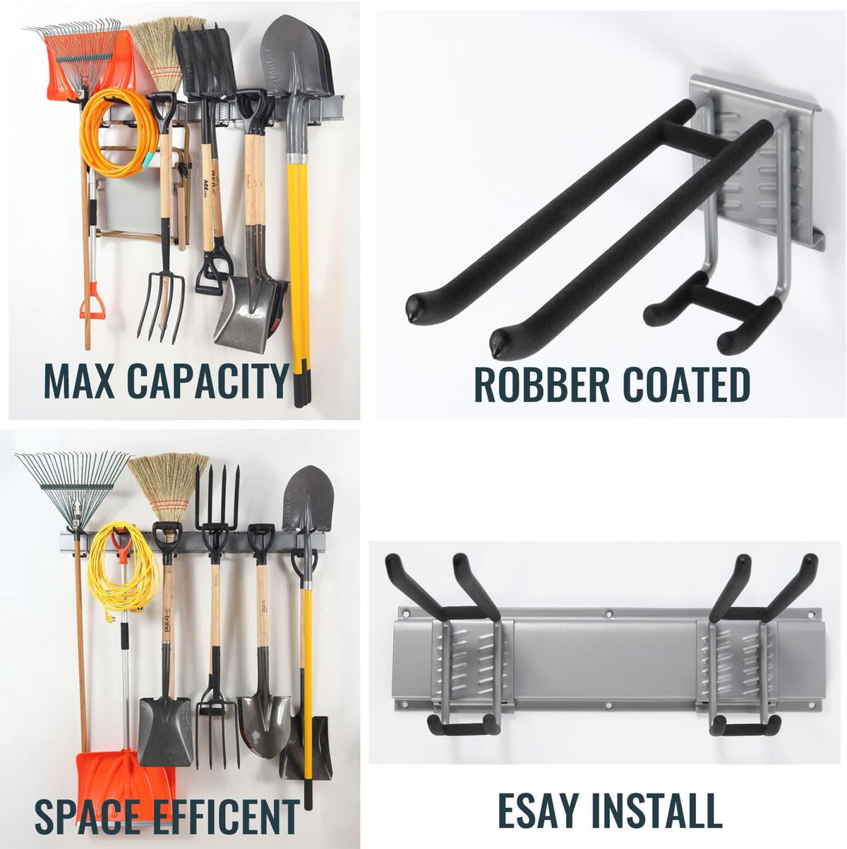 Wall Mount Tool Storage Rack, Heavy Duty Garage Organizer, Garden Hooks and Hangers, Hold Up to 350lbs Grey AK806