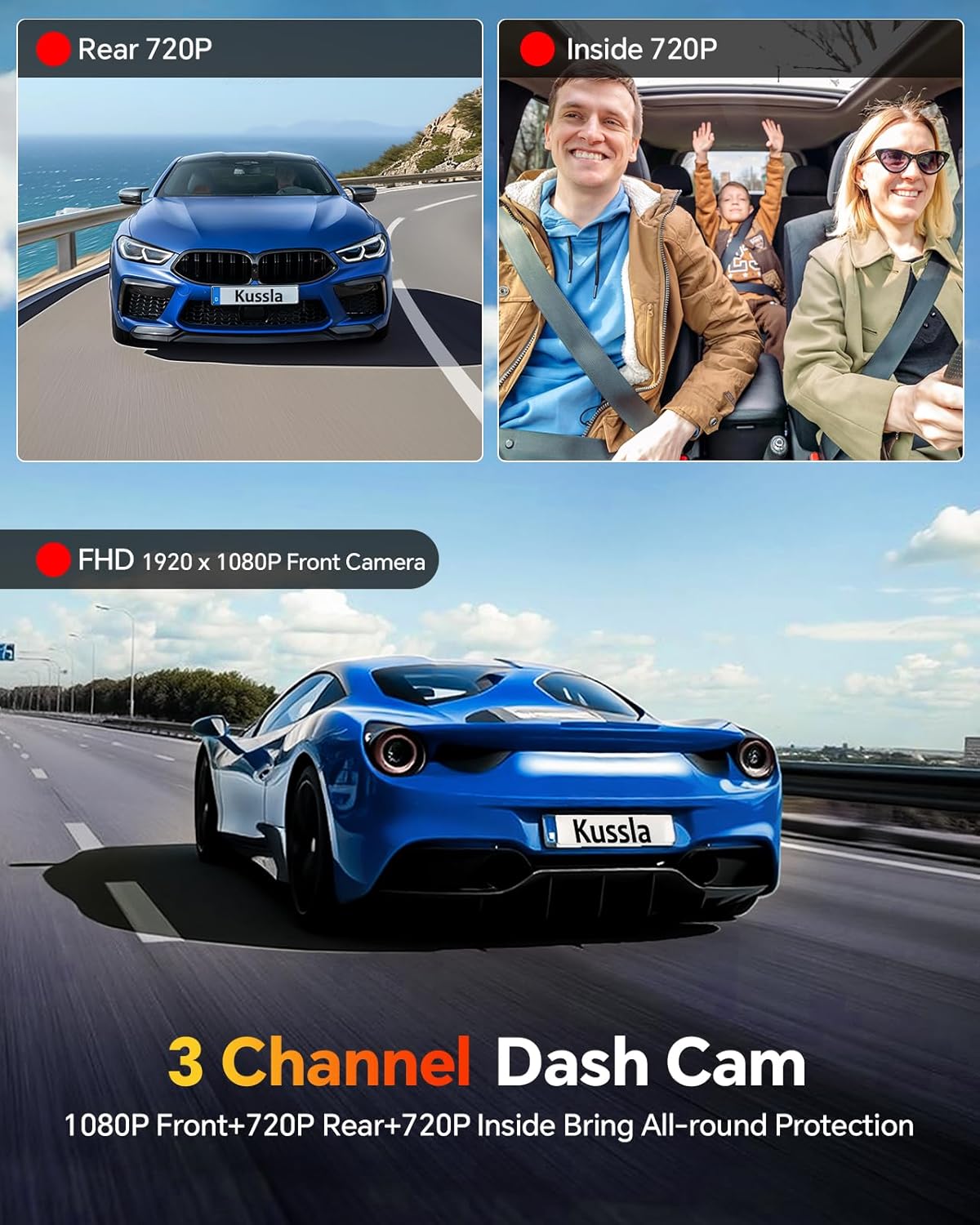 Dash Cam Front and Rear Inside, 1080P 3 Channel Dash Camera for Cars with 64GB Card, Super Night Vision Dashcam, Car Camera with Loop Recording, G-Sensor, WDR, 24H Parking Monitor