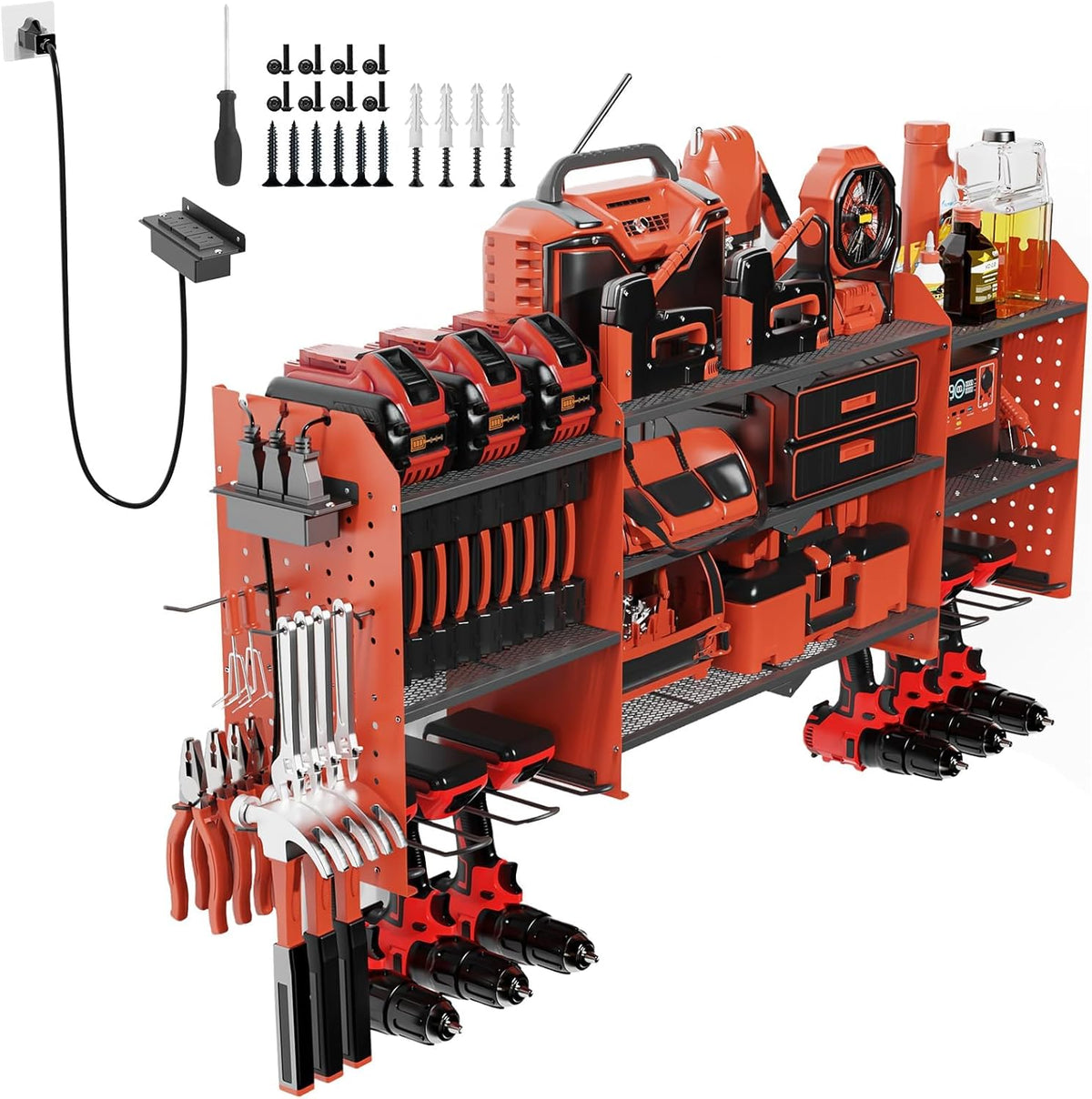 45" Large Power Tool Organizer Wall Mount with Charging Station - 3 Layer Storage Racks with 8 Cordless Drill Holder, 4 Hooks, Heavy Duty Garage Tool Organizer Storage for Workshop Pegboard Basement