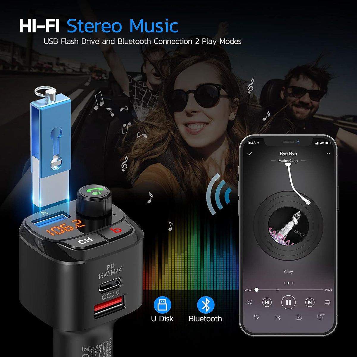 Nulaxy Bluetooth 5.0 FM Transmitter for Car, QC3.0 & USB-C PD 18W Wireless Bluetooth Radio Adapter Music Player Car Kit with Bass Booster, Hands-Free Calls-NX12