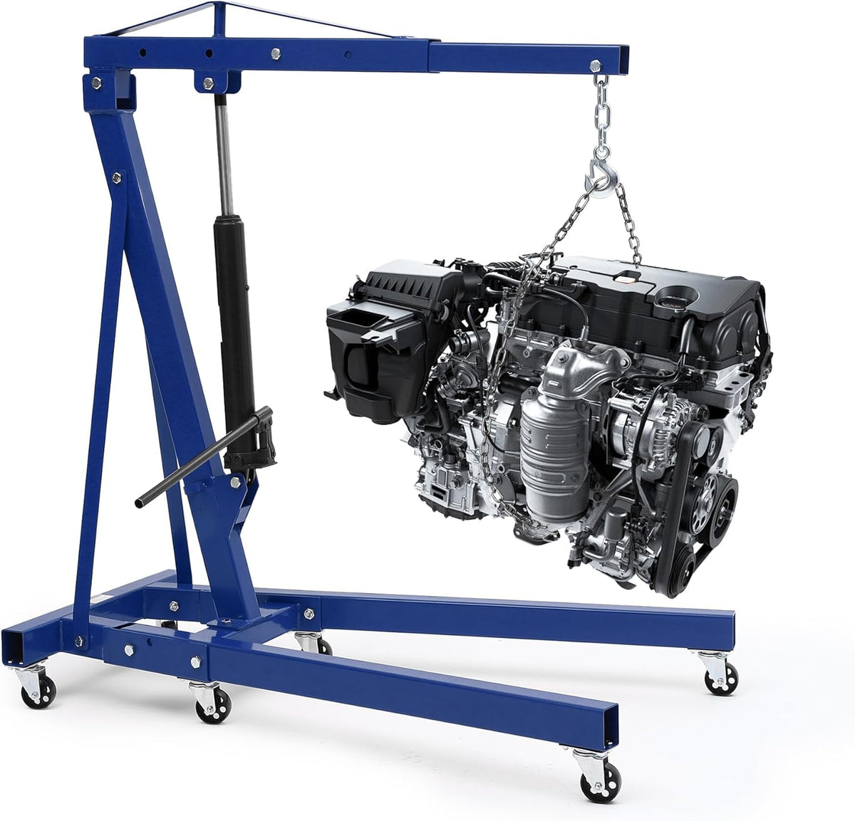 Engine Hoist Cherry Picker, 2 Ton Folding Hydraulic Engine Hoist with Telescopic Boom & 6 Casters, Heavy Duty Shop Crane Lifting Cherry Picker for Workshops Garage, Blue