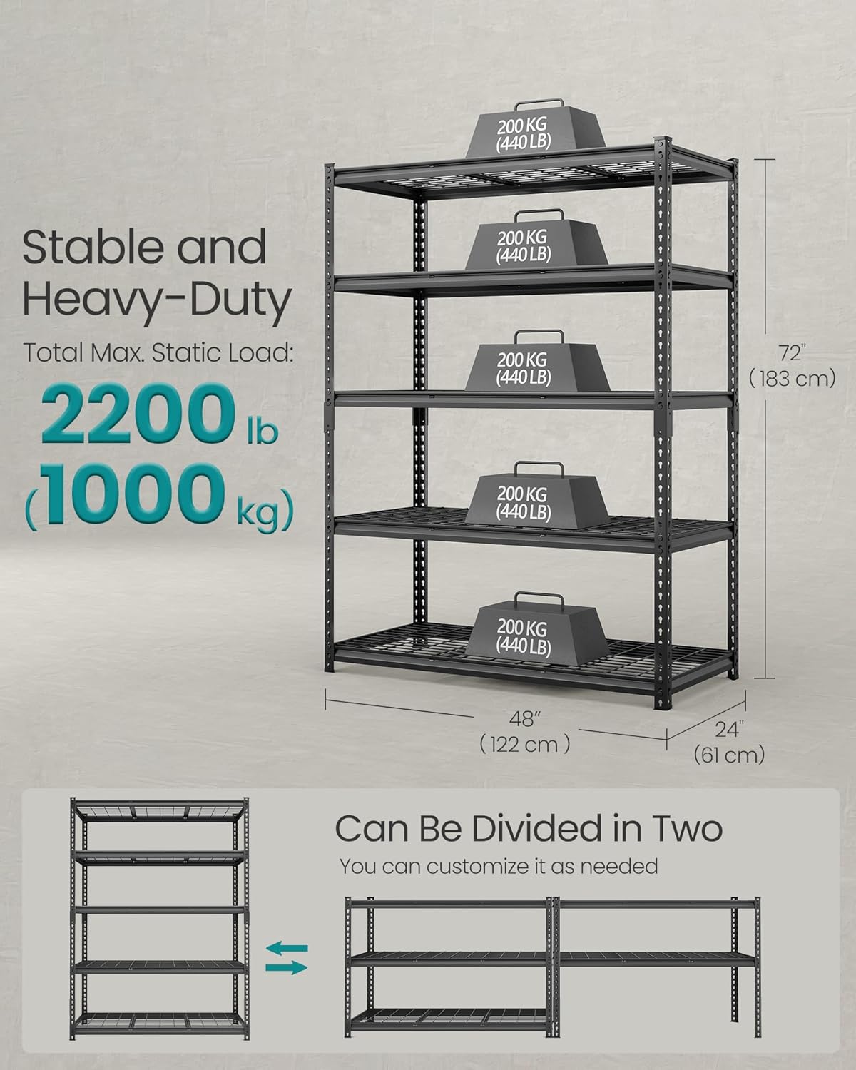 SONGMICS 5-Tier Storage Shelves, Heavy-Duty Garage Shelving, Adjustable Shelving Unit, Steel Shelf, Boltless Assembly, for Garage, Shed, 2,200 lb Load, 24 x 48 x 72 Inches, Ink Black UGLR454B01