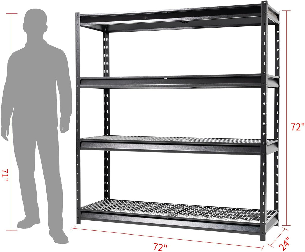 The Atlas 72" W Metal Garage Shelving Unit Load 12000 Lbs, 4 Tier Heavy Duty Storage Rack, Adjustable Industrial Shelves for Warehouse Shop Basement, 72" W x 24" D x 72" H, Black