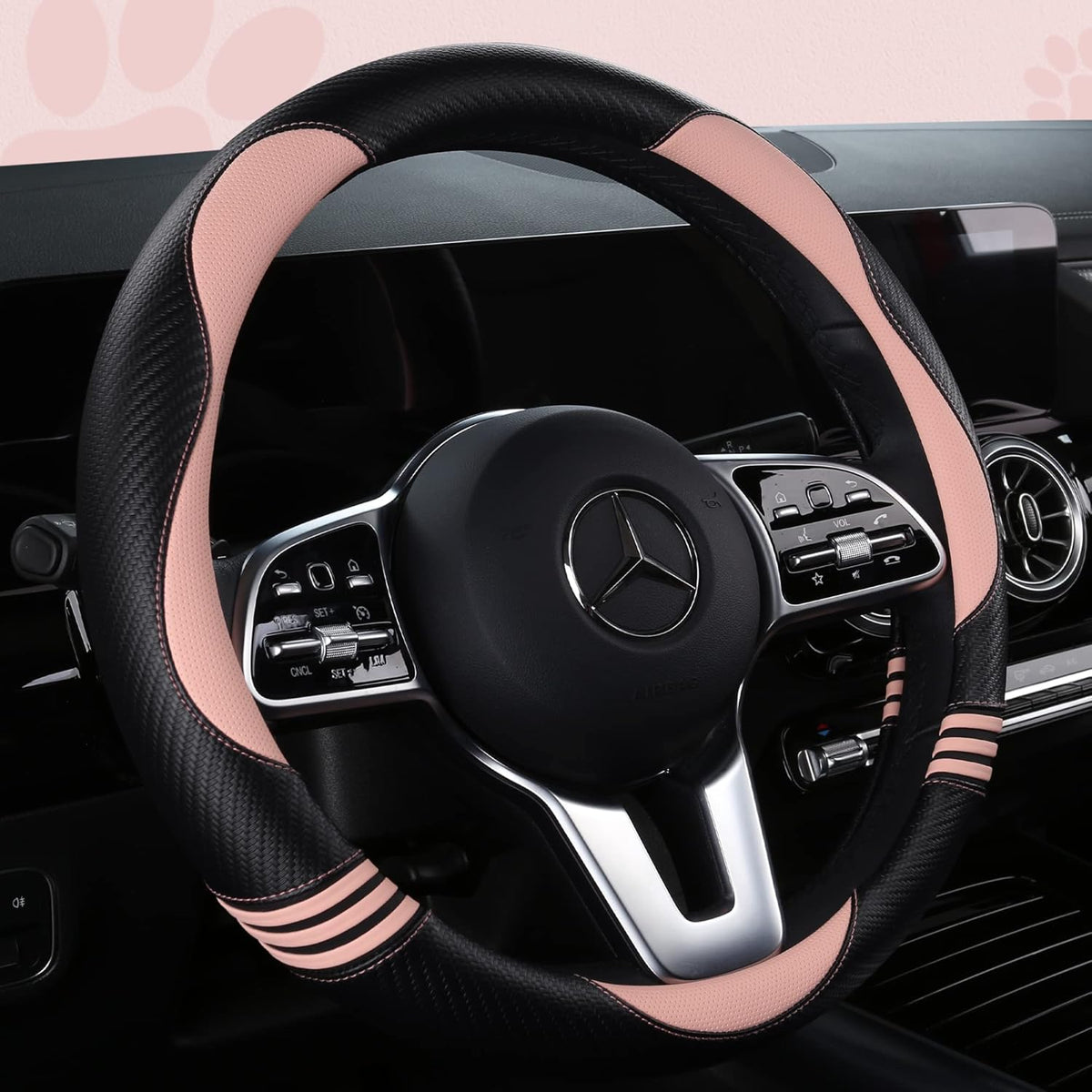 Car Steering Wheel Covers for Women Girl Padded Carbon Fiber PU Leather Cute Cartoon Auto Interior Accessories for Jeep, Truck, Universal, Anti Slip, Pink, Large Size 15.5-16"(39-41cm)
