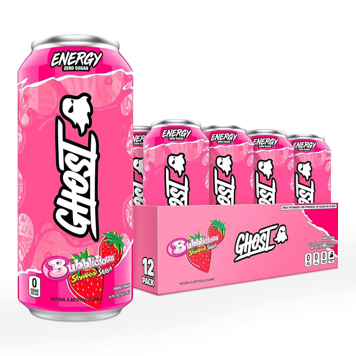 GHOST Energy Drink - 12-Pack, Bubblicious Strawberry Splash, 16oz Cans - Energy & Focus, No Artificial Colors - 200mg of Natural Caffeine, L-Carnitine & Taurine - Gluten-Free & Vegan
