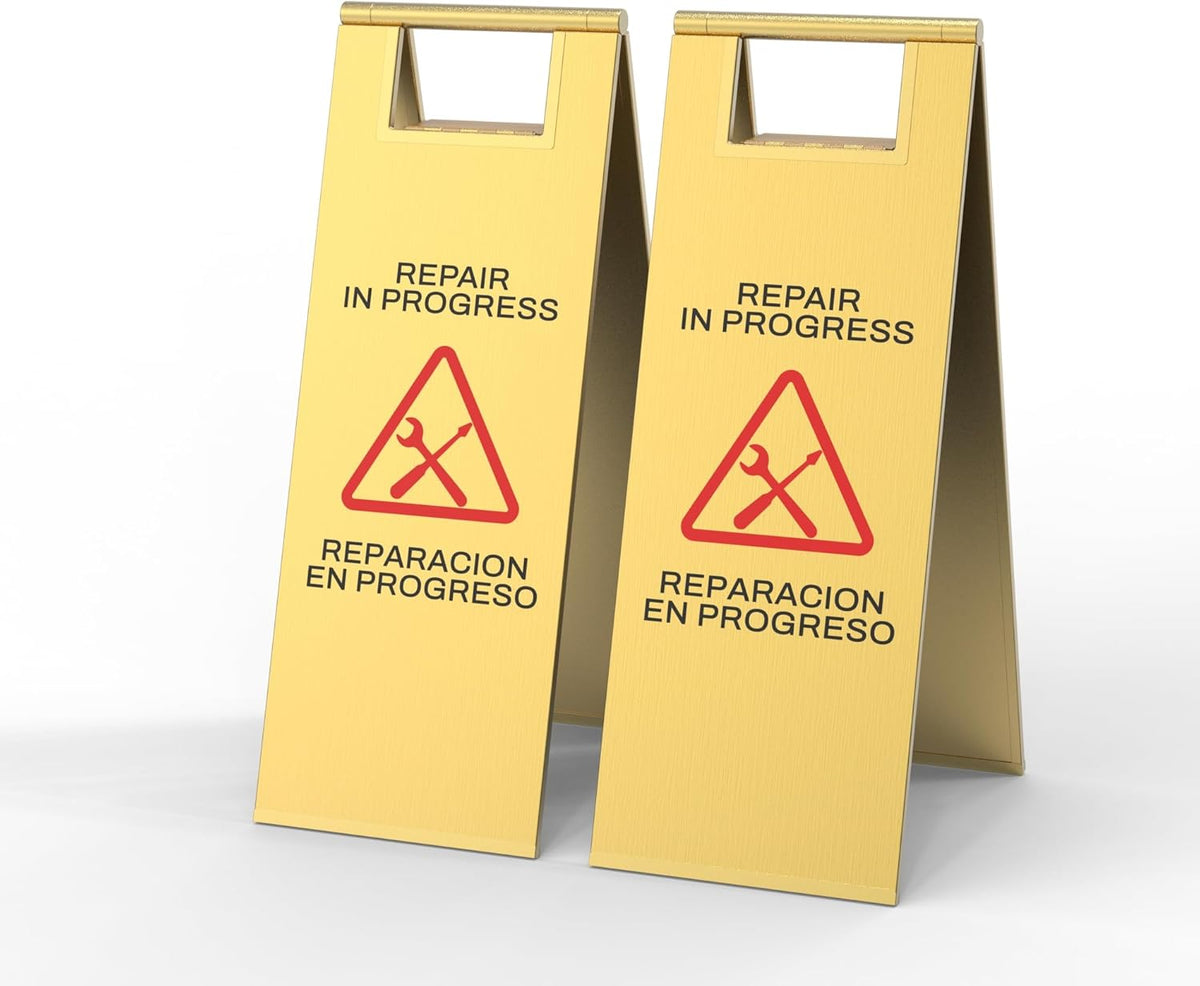 Stainless Steel Repair In Progress Sign Portable Foldable Sign 2-Pack (Gold)