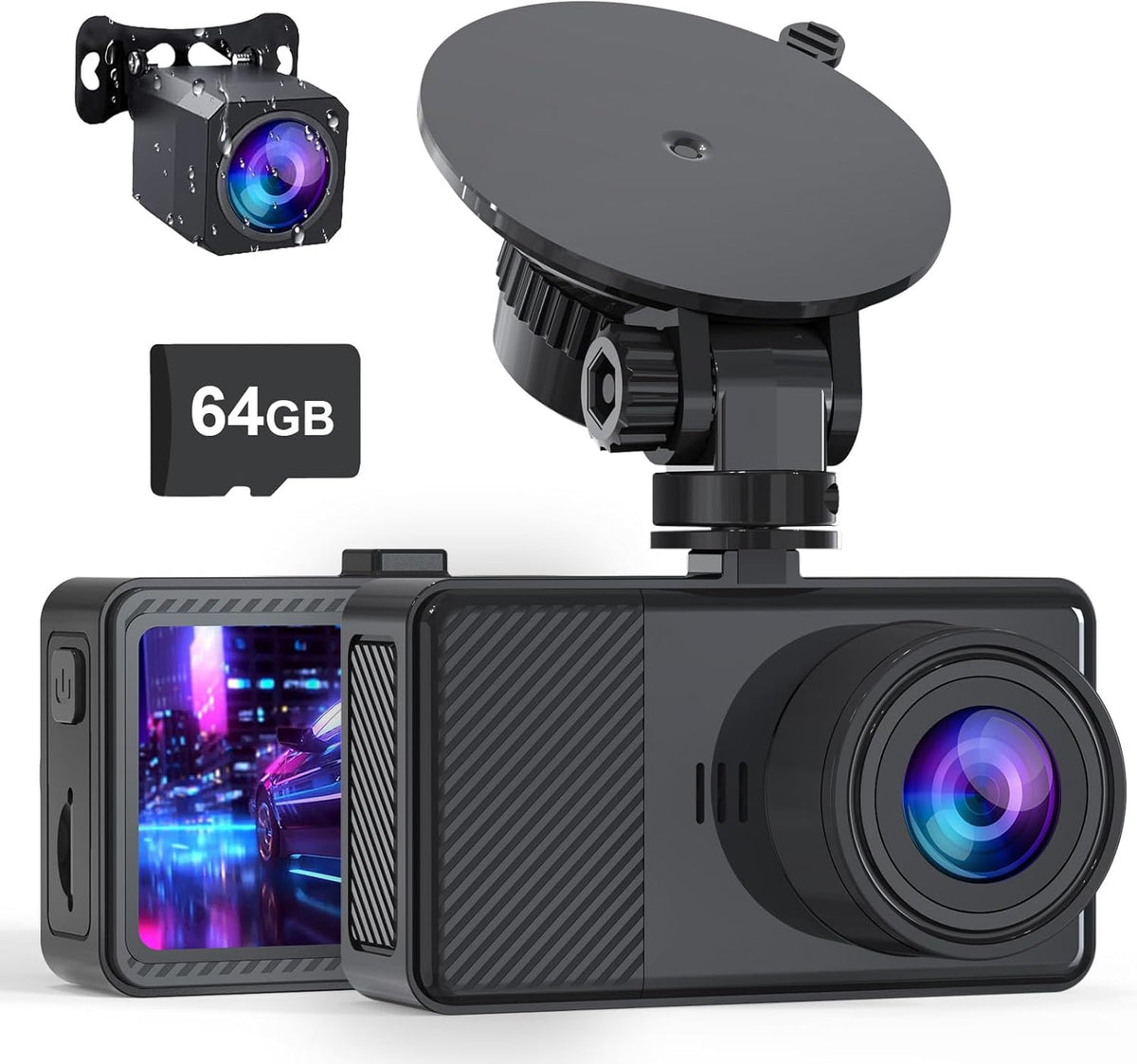 Dash Cam Front and Rear, 2.5K+1080P Dual Dash Camera for Cars, 2’’ Display Mini Car Camera, G-Sensor Dashcam, Night Vision, 24H Parking Mode, Loop Recording, 170°Wide Angle, 64GB Card Included, Black