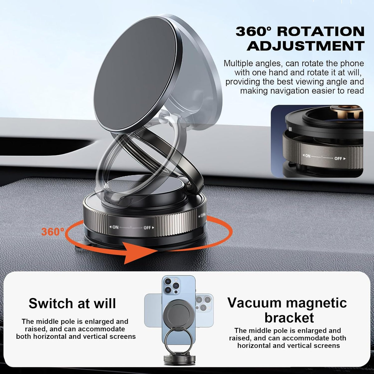 Vipbu Phone Mount, Vipbu Phone Holder, Car Phone Holder, 360° Adjustable Vacuum Magnetic Phones Holders, Foldable Car Mount, Universal Adjustable Stand for Phone Smartphones (Black)
