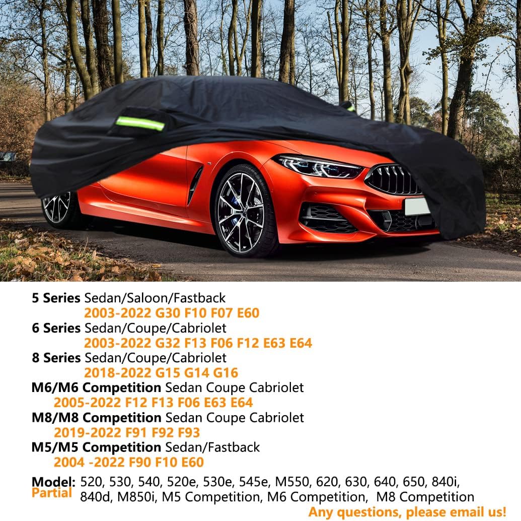 Upgraded Car Cover Compatible with BMW 5 Series(2003-2025) M5 Sedan/ 6 Series(2003-2024) 8 Series(2018-2025) M6 M8, Waterproof Car Covers with Cotton Lining, Outdoor Rain Snow Sun UV Cover