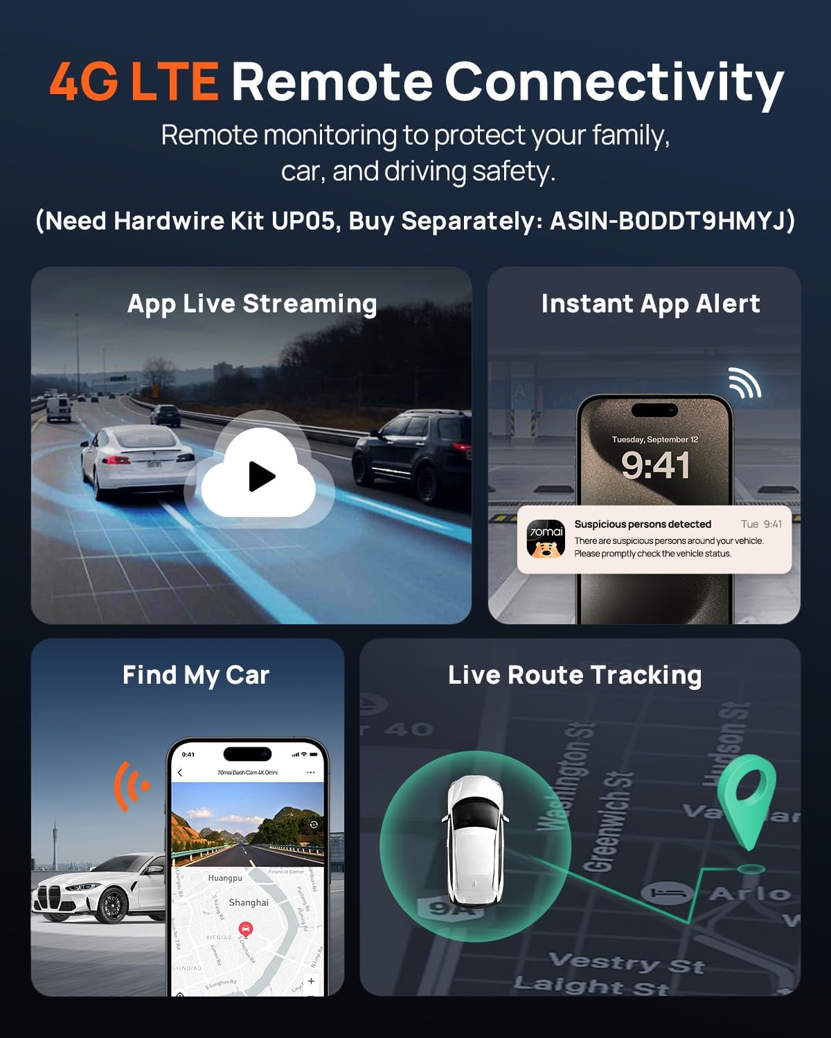 70mai Dual Dash Cam Front and Rear 4K, Car Camera for Cars with Sony IMX678, STARVIS 2 Night Vision, 4G LTE, AI Motion Detection, ADAS, 5GHz Wi-Fi 6, Parking Monitor, Voice Control (4K Omni X800)
