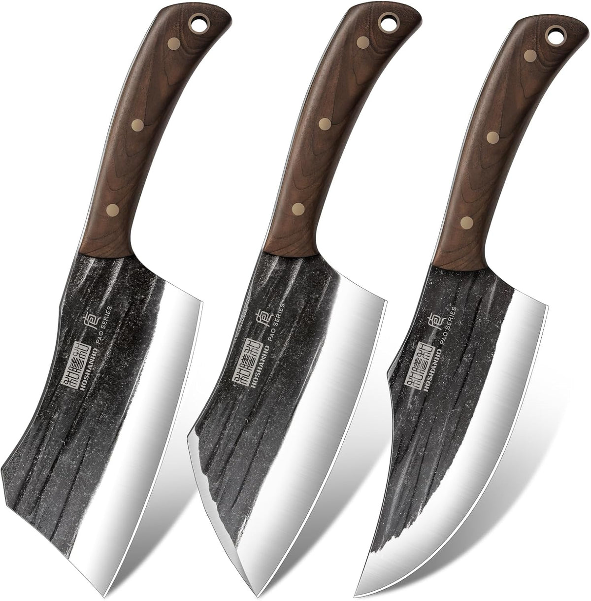 Butcher Knife Set, 3-Piece High Carbon Steel Serbian Chef Knife Set of Heavy Duty Boning Knife & Meat Cleaver Knives & Viking Knives for Home, Cooking, Outdoor Camping BBQ