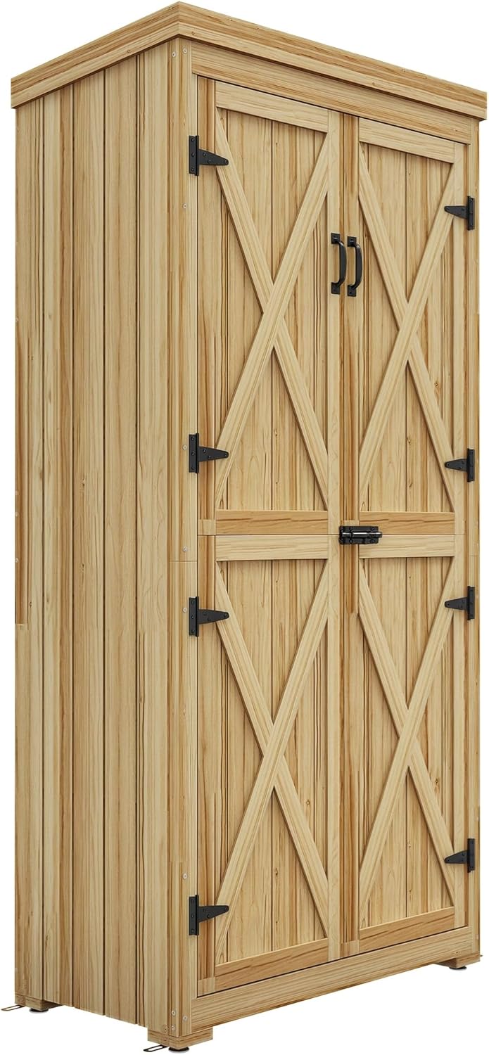 Outsunny Wooden Garden Shed, Outdoor Storage Cabinet with Waterproof Galvanized Metal Roof, Narrow Tool Shed with 3 Shelves and Lockable Door, Natural