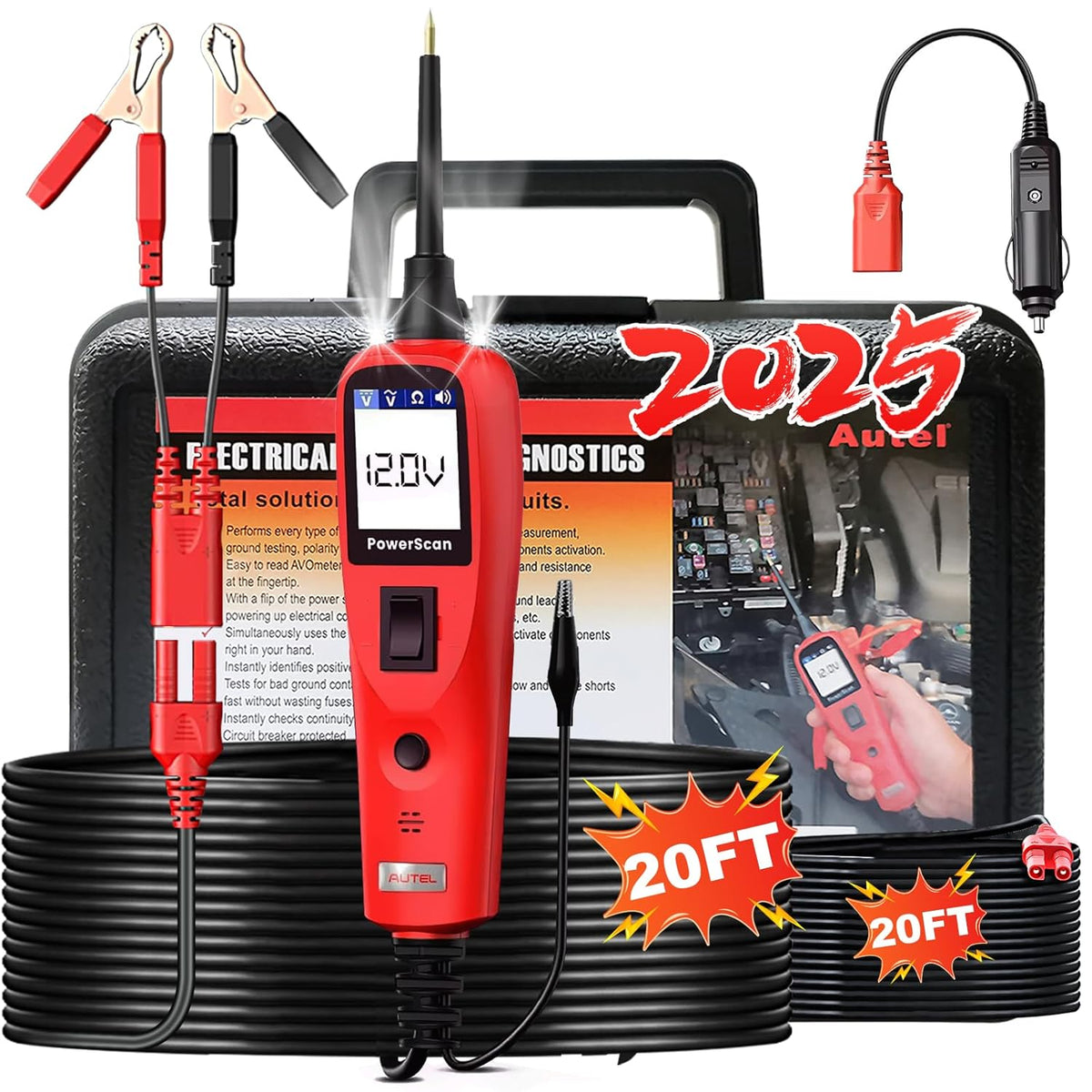 Autel PowerScan PS100 Power Circuit Probe Kit - 12V 24V Car Circuit System Diagnostic Tool, Automotive Circuit Tester with 20ft Extension Cable, Easy to Read AC/DC Current Resistance