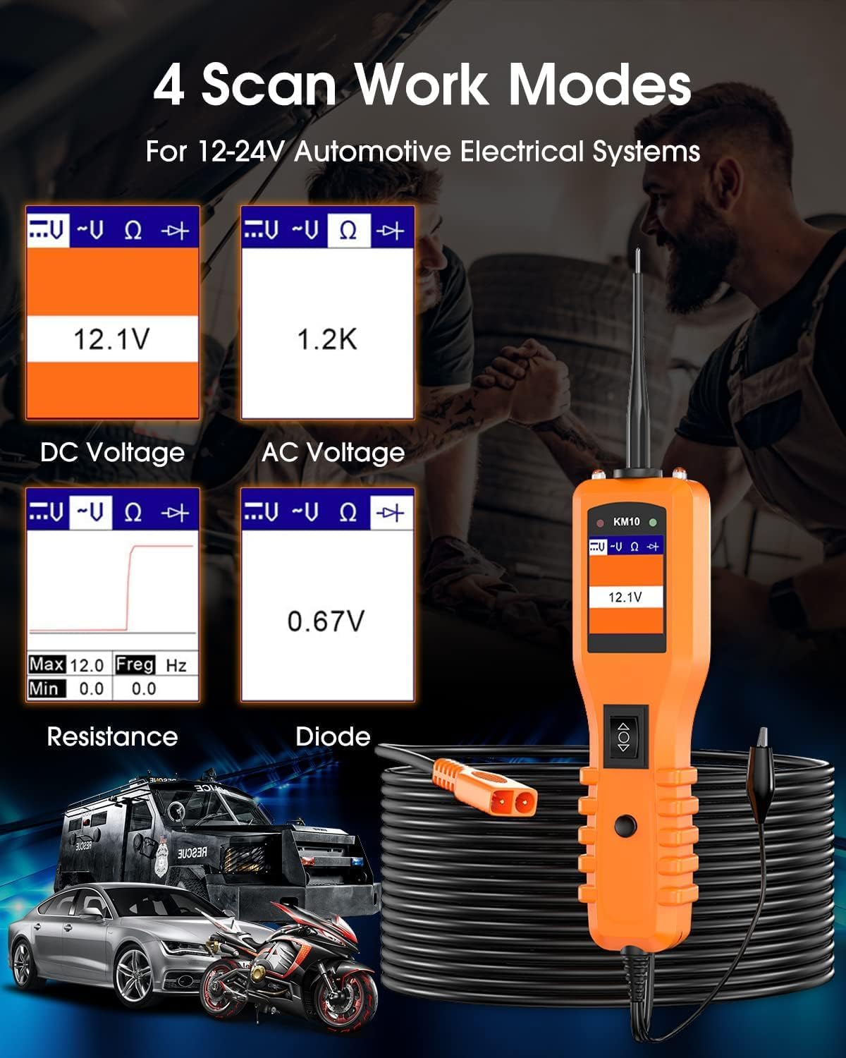 KZYEE KM10 Power Circuit Probe Kit, 12V 24V Automotive Circuit Tester, Digital Multimeter, Short Finder, AC/DC Voltage Tester, Diode & Resistance, Current Probe Component Activation, 20FT+20FT Cable